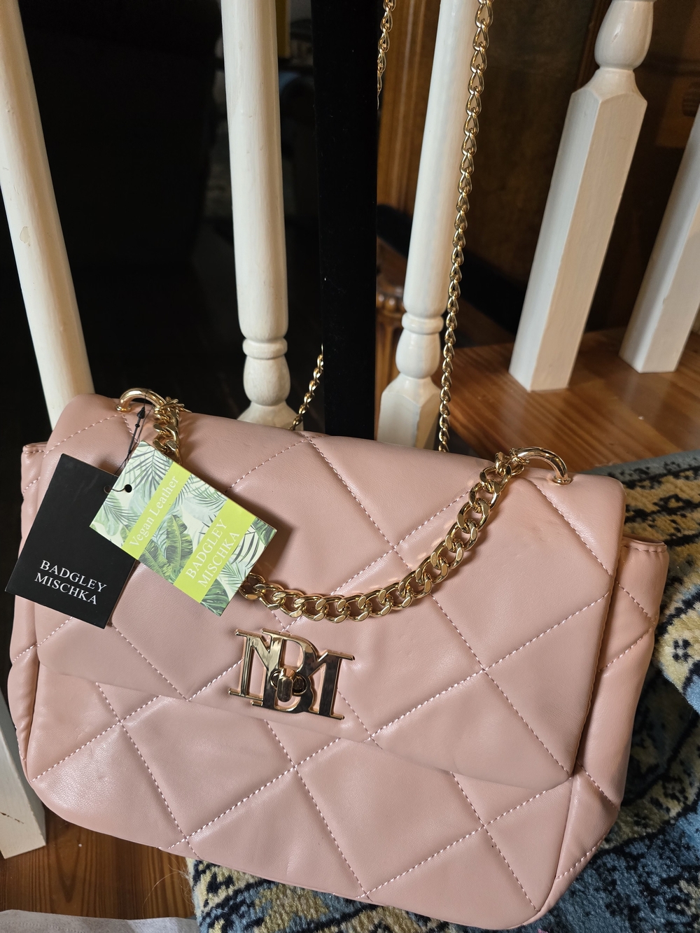 Badgley Mischka Pink Quilted Shoulder Bag with Gold Chain